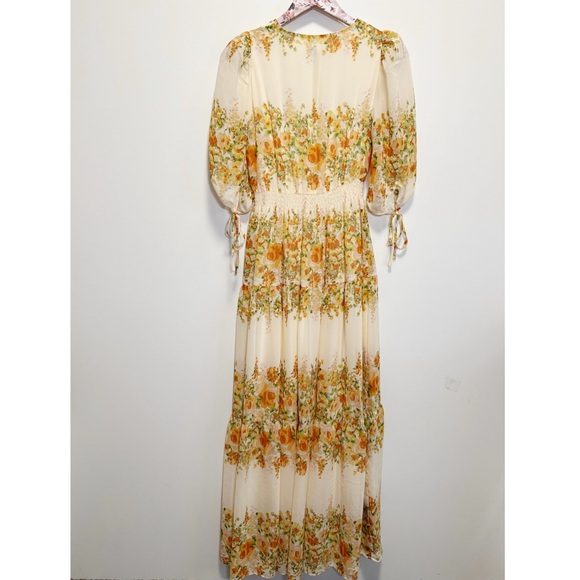 TAYLOR Yellow & White Floral Tiered Smocked Waist Tie Sleeve Midi Dress S Small - Picture 2 of 13